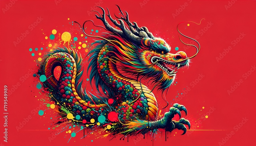 Illustration of dragon for the lunar new year in paint splatter style.