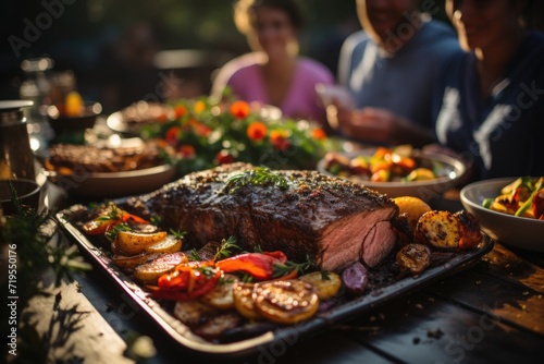 Grilled picanha with fresh vegetables, on an outdoor lunch with family and children playing in a sunny garden with illuminated pool., generative IA