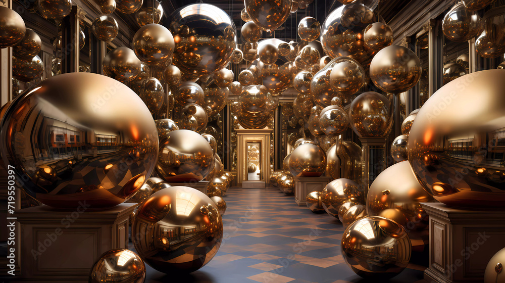 A room filled with lots of mirrors and balls A room filled with lots of mirrors and balls
