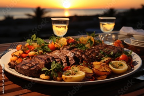 Grilled picanha with fresh vegetables, at a family lunch on the terrace overlooking the field., generative IA