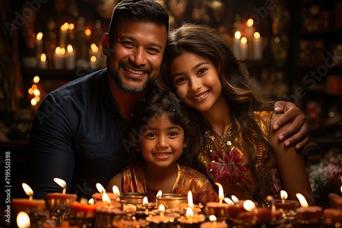 Family celebrates Diwali with lights and fires.  generative IA