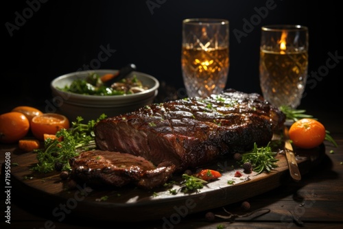 Grilled picanha in slices on the wooden board with a glass of beer (Brazilian picanha)., generative IA