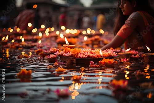 Devotees in rituals on the banks of the ganges, offerings and prayers in candlelight., generative IA photo