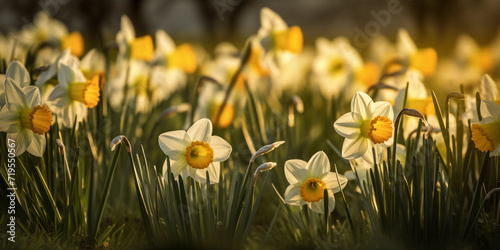 Yellow Daffodil in the growing spring grass, Saint David's Day, Dewi Day, flower of Wales, in soft golden sun photo