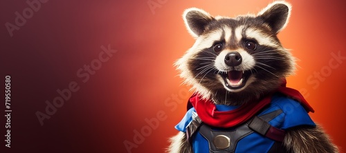 Close up portrait of a raccoon in a superman costume wearing glasses. Funny character for your game or story  © Sunny