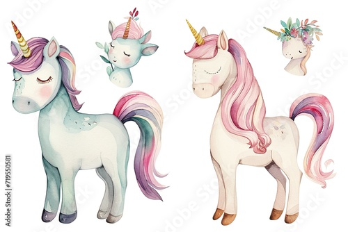 Set of unicorns on white background