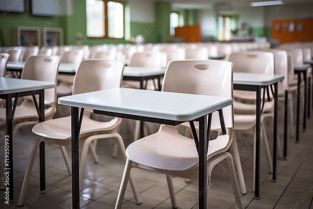 single, Isolated in white background, center aligned, School classroom in blur background without young student; Blurry view of elementary class room no kid or teacher with chairs and tables in campus