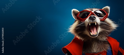 Close up portrait of a raccoon in a superman costume wearing glasses. Funny character for your game or story 