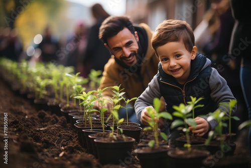 Young Muslims plant community trees, vibrating colors and connection., generative IA photo