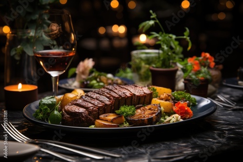 Grilled picanha na Ponto, served in a sophisticated restaurant with works of contemporary art on the elegantly decorated walls and tables., generative