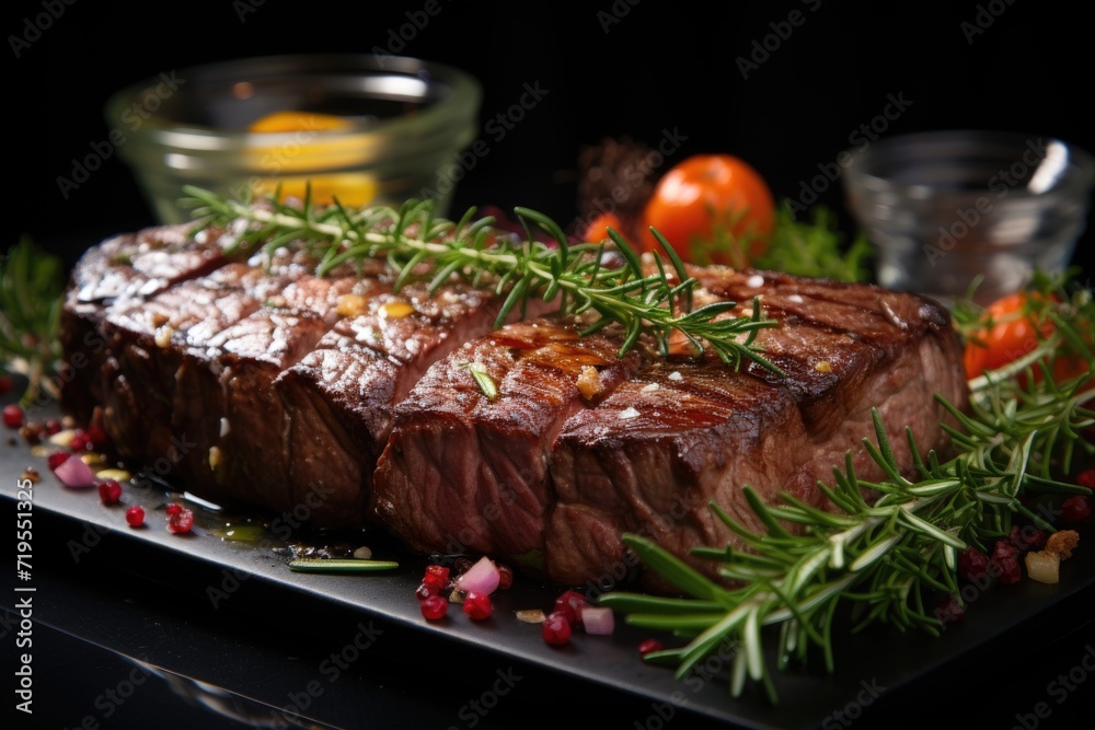 Grilled picanha or rump steak on the marble board. black background. View of the top., generative IA
