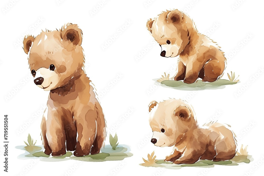 Set of little bear cub in different poses in style watercolor, cute and curious, white background