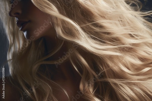 Close-up of a female model with luxurious, flowing blond hair, highlighting texture and shine, beauty and hair care concept.
