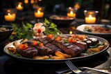 Succulent picanha on a ceramic plate, in a festive banquet in a garden enchanted with Chinese lanterns., generative IA