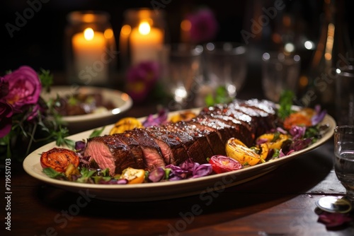 Successional picanha on a ceramic plate, in a festive banquet with flower decoration., generative IA