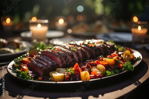 Succulent picanha on a ceramic plate, in a festive banquet in a garden enchanted with Chinese lanterns., generative IA