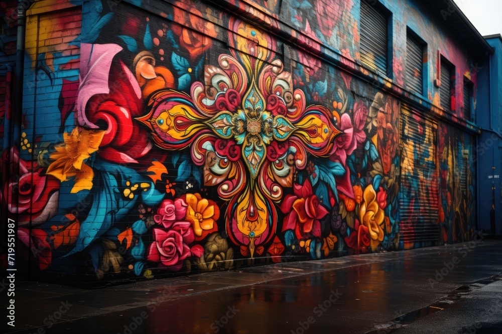 Fototapeta premium Cross of Faith in Vibrant Urban Wall., generative IA