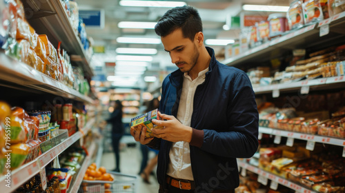 man in a grocery store aisle, carefully examining a product he is holding in his hands © MP Studio