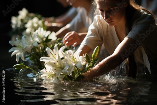 Fototapet Christian surrender: water, emotion and white robes at the baptism ceremony