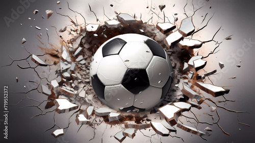 A soccer ball is breaking through a wall