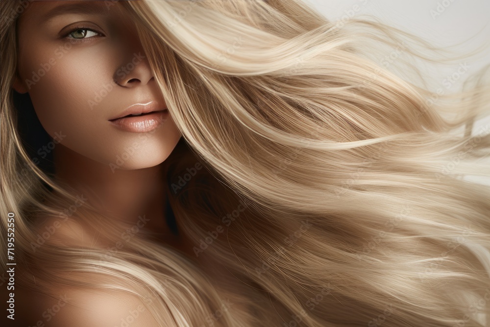 Close-up of a beautiful woman with luxurious, flowing blond hair, highlighting texture and shine, beauty and hair care concept. Close-up of a beautiful woman with luxurious, flowing blond hair, highlighting texture and shine, beauty and hair care concept.
