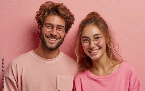 Young smiling happy couple two friends family man woman wear casual clothes hold in hand use mobile cell phone together chatting isolated on pastel plain light beige color background