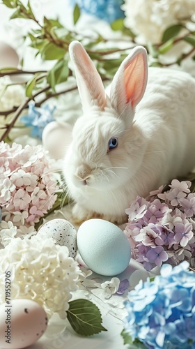 White Bunny with blue eyes surrounded by pastel colored eggs and blooming hydrangeas © Idressart