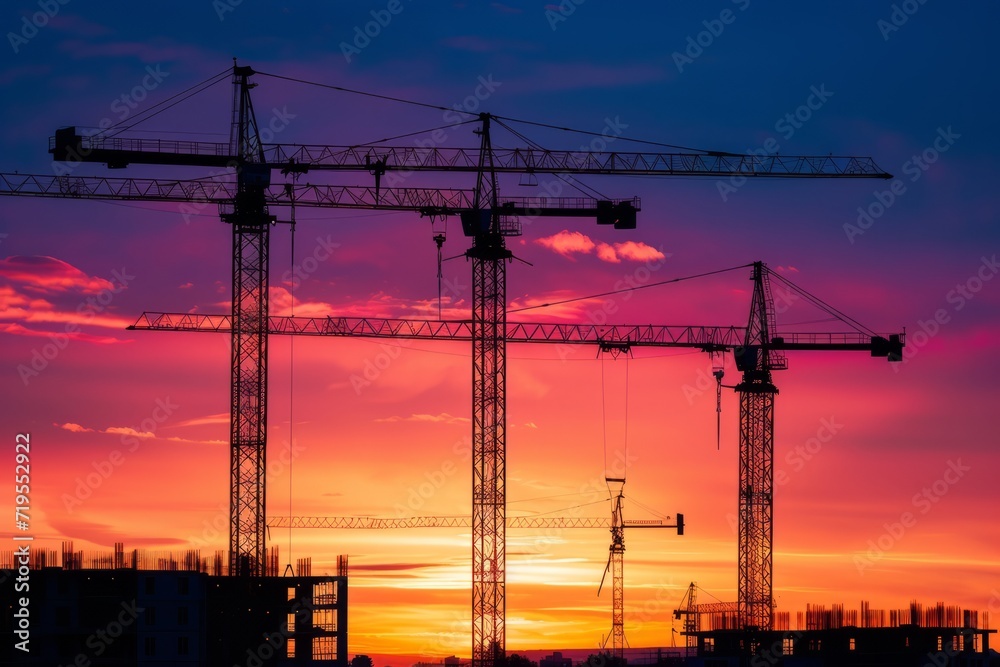 Tower construction crane in the sunset rays, construction and real estate concept, construction business in sunset lights