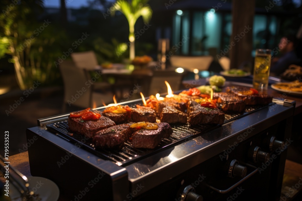 Successional picanha on the grill, in a barbecue by the pool with waterfront loungers and palm trees., generative IA