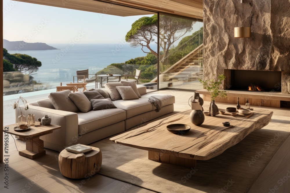 House by the sea, panoramic windows capture the ocean. Coastal serenity., generative IA