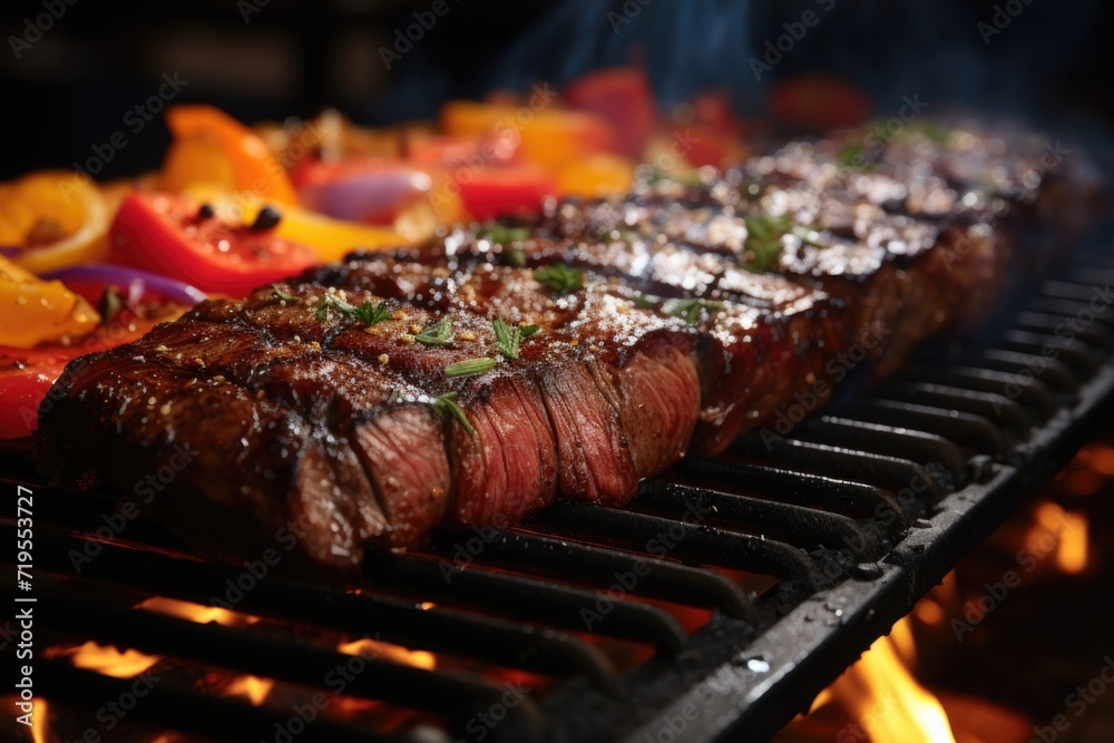 Picanha juicy on the grill, in a barbecue by the pool with night lighting and a lively dance floor under the stars., generative IA
