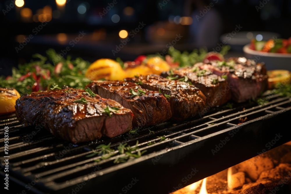 Picanha juicy on the grill, in a barbecue by the pool with night lighting and a lively dance floor under the stars and a bright moon under the moonlig