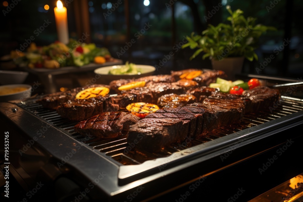 Picanha juicy on the grill, in a barbecue by the pool with night lighting and a lively dance floor under the stars and a bright moon under the moonlig