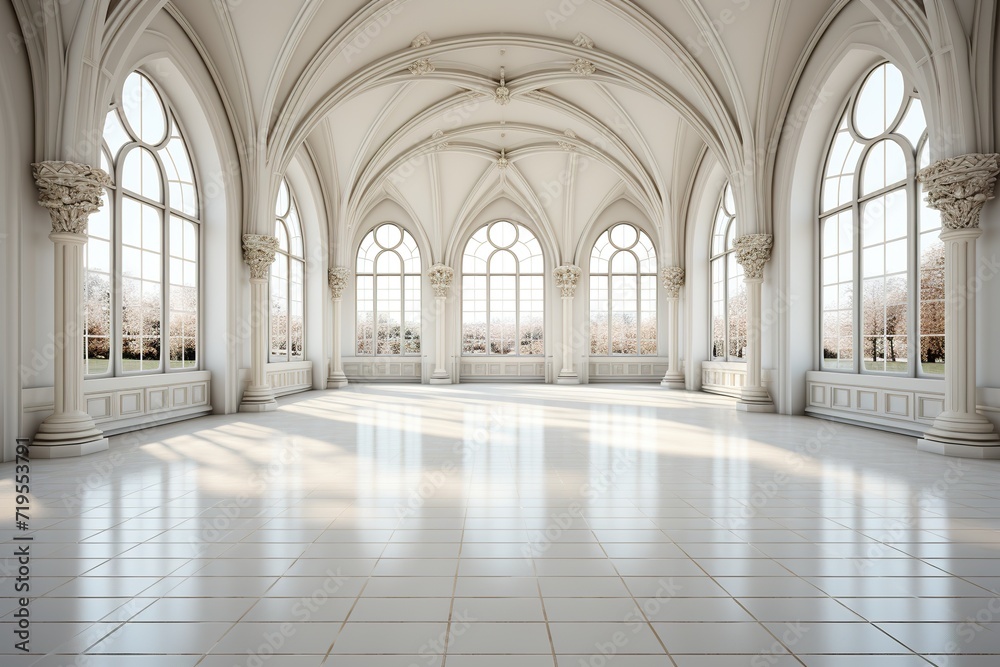 single, Isolated in white background, center aligned, Empty hall with lots of windows