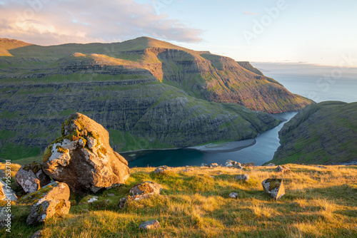 Beautiful summer scenery. Sunny summer view of fjord near Saksun , Faroe Islands. Splendid morning scene of Streymoy island, Denmark, Europe.
Landscape photography, Traveling concept background. photo