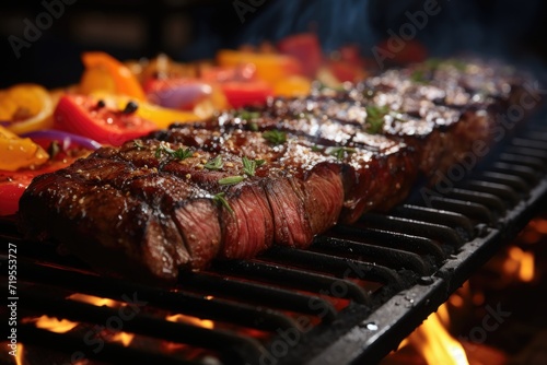Picanha juicy on the grill  in a barbecue by the pool with night lighting and a lively dance floor under the stars.  generative IA