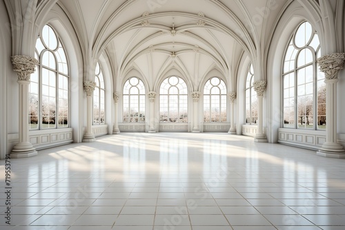 single, Isolated in white background, center aligned, Empty hall with lots of windows