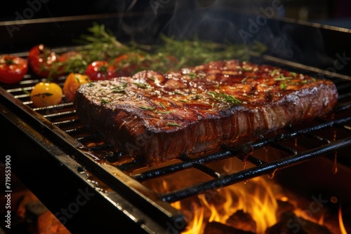 Successional picanha on the grill  in a swimming pool barbecue on a sunny summer day.  generative IA