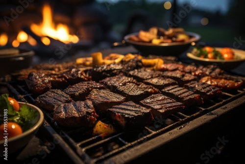 Picanha juicy on the grill, in a barbecue by the lake with bonfire and friends having fun around a starry and serene night, under the moonlight and a