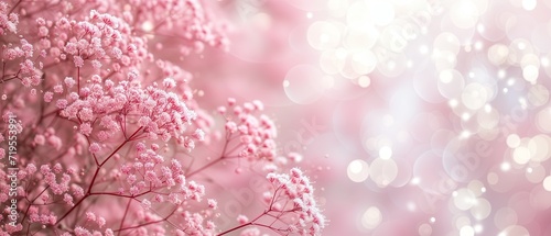 Pink elegant baby breathe blooming flowers, gypsophila with blurred background for elegant, romantic floral cards. Celebrate season, wedding, spring, love. Elegant, luxury, card, banner, web. photo