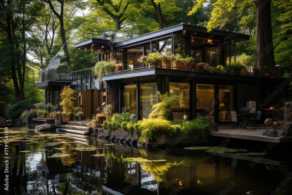 Eco-sustainable house with solar panels and rainwater., generative IA Eco-sustainable house with solar panels and rainwater., generative IA