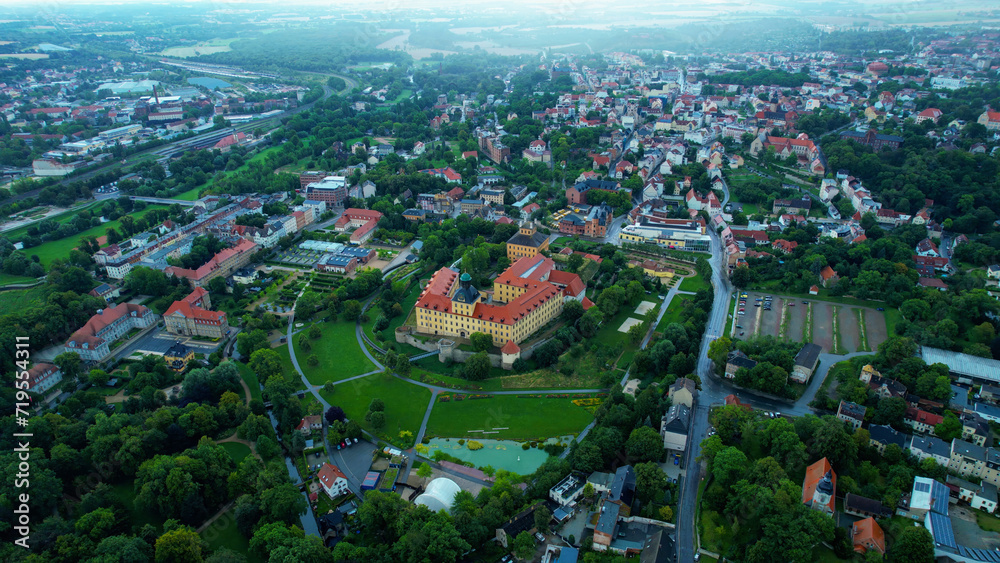 Aeriel of the old town of the city Zeitz in Germany on a stormy summer day
