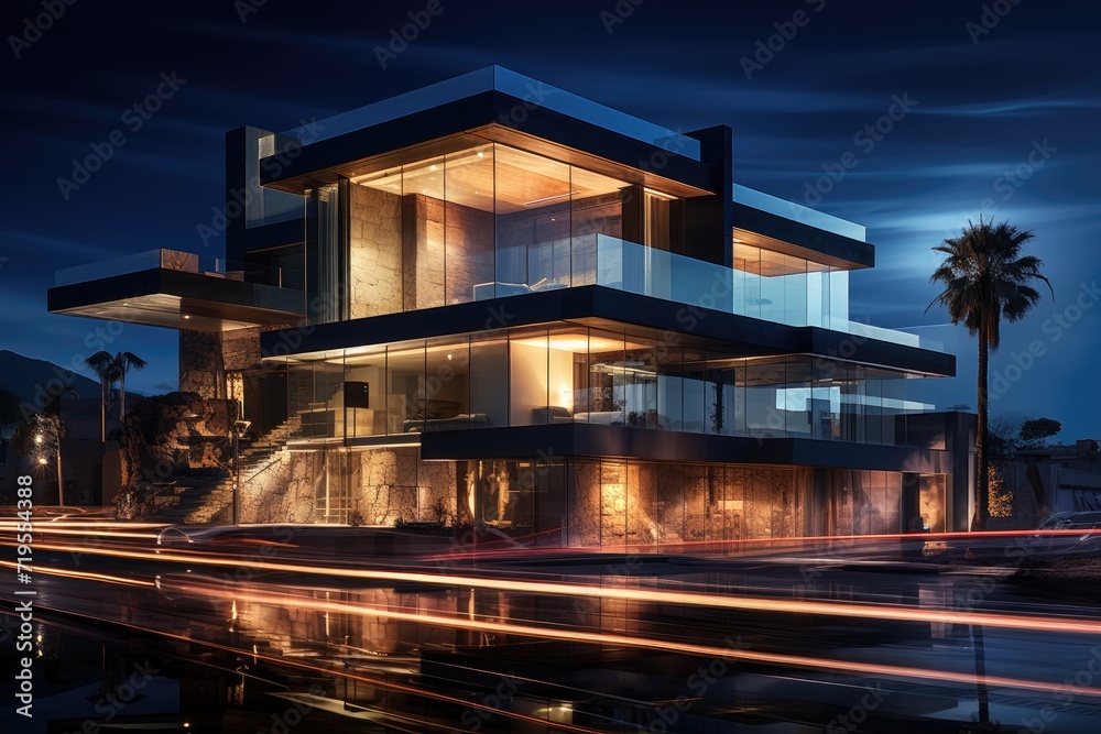 Urban House radiates life in the light of the luminous night of the city., generative IA Urban House radiates life in the light of the luminous night of the city., generative IA