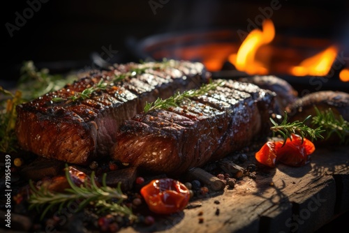 Picanha juicy on the grill, in a rustic barbecue in the field with fire and guitar., generative IA