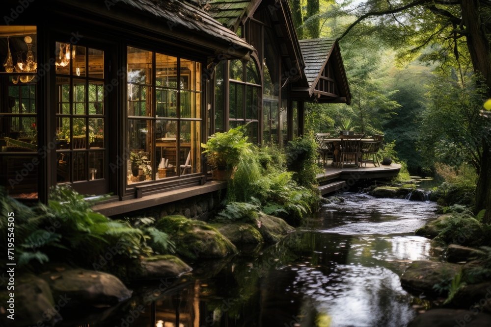 Serene refuge cozy wood house next to the stream., generative IA Serene refuge cozy wood house next to the stream., generative IA