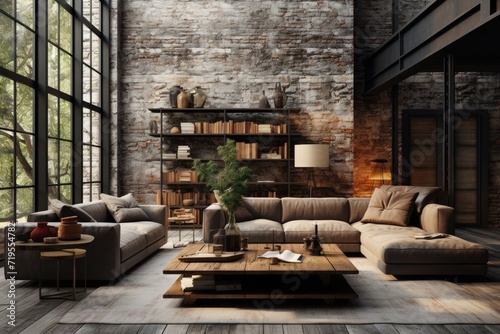 Industrial apartment with apparent pipes and sophisticated urban style., generative IA