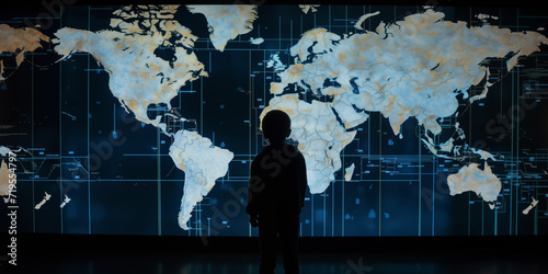 A small young child stands in front of a very large electronic board display of a world globe map with digital information and data illuminating, silhouette