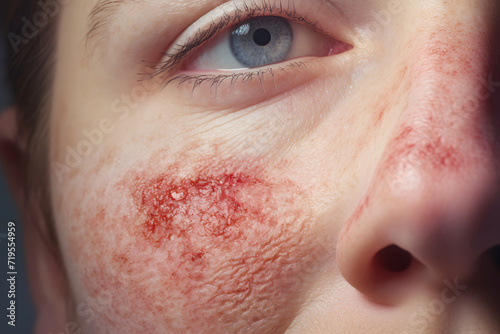 Woman with red and reddish facial rash with skin damage caused by allergy closeup. Lupus patient face needed treatment photo
