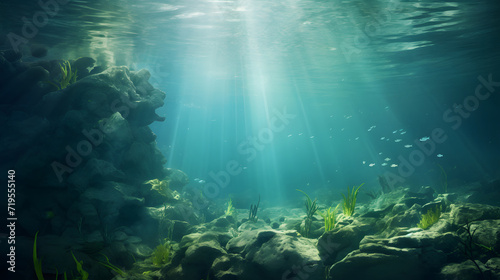 Underwater landscape with schooling fish and beautiful sunlight