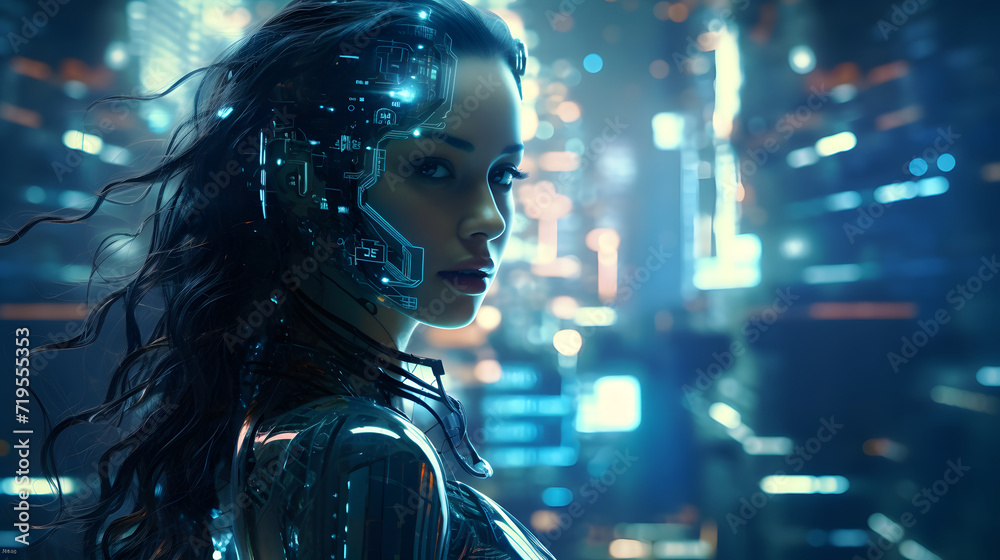 A beautiful girl with cybernetic implants, futuristic art A beautiful girl with cybernetic implants, futuristic art